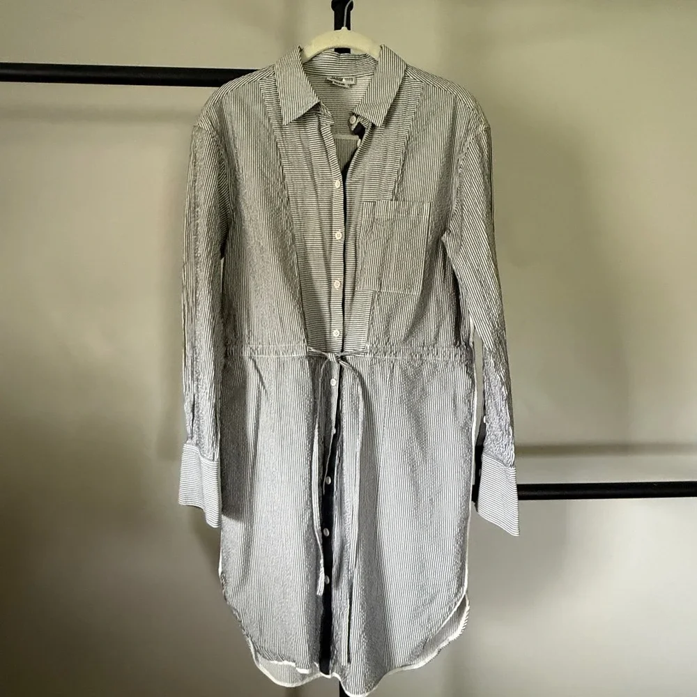 Jason Wu Blue White Striped‎ Seersucker Shirt Dress 6 Drawstring Waist